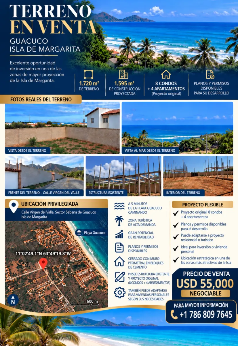¡Oportunidad de inversión! Terreno con vista al mar y proyecto aprobado en Isla de Margarita