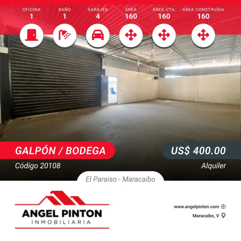 API 20108 DEPÓSITO EN ALQUILER EN URB. PARAÍSO MARACAIBO VENEZUELA  $ 400  Elluz Blanco 