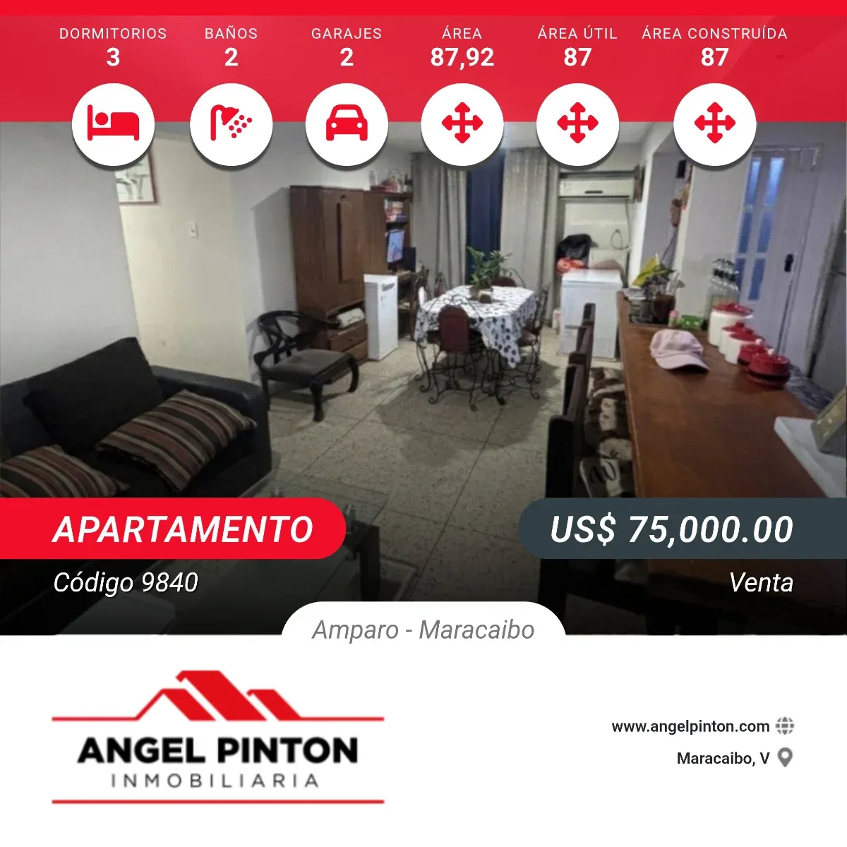  API 9840 APARTAMENTO VENTA AMPARO MARACAIBO VENEZUELA $ 75.000  Elluz Blanco 